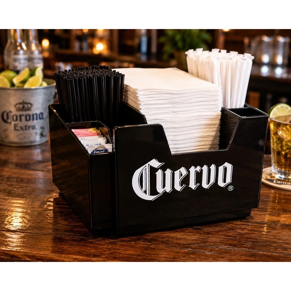 Cuervo Beer Bar Caddy Condiment Organizer Napkin Straw Holder Black